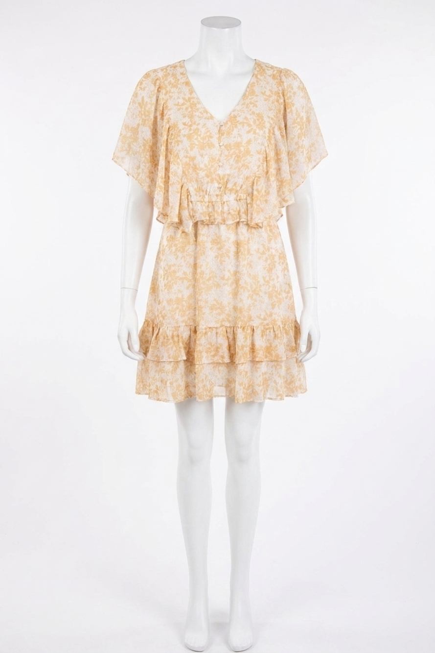 NEW KORI dandelions floral print chiffon dress in cream tan